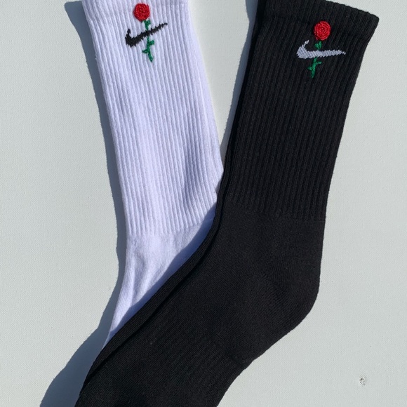 Hand Embroidered Rose Nike Sock by @sockem - Picture 3 of 5